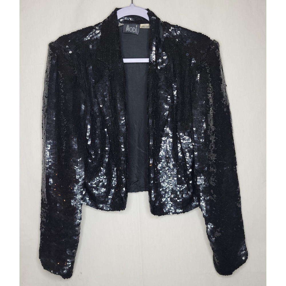 MODI Vintage 80s Black Sequin Silk Bolero Jacket Cropped Open Front Blazer‎